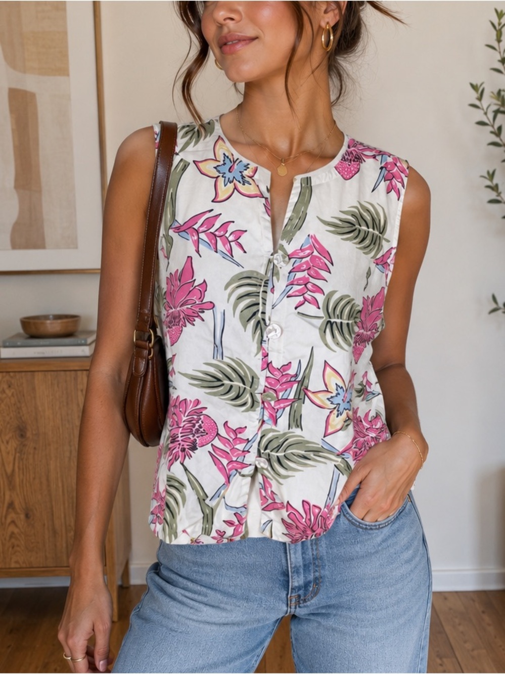 Pineapple Moon Sz L Vintage Y2K Resort Hawaiian Floral 100% Silk Sleeveless Top